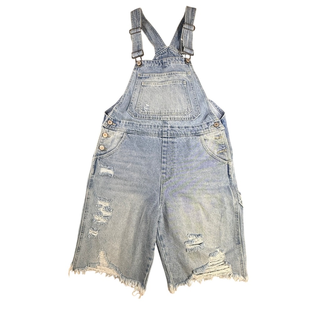 KanCan‎ Womens Shortalls Distressed Raw Hem Light Wash Denim Blue Cotton